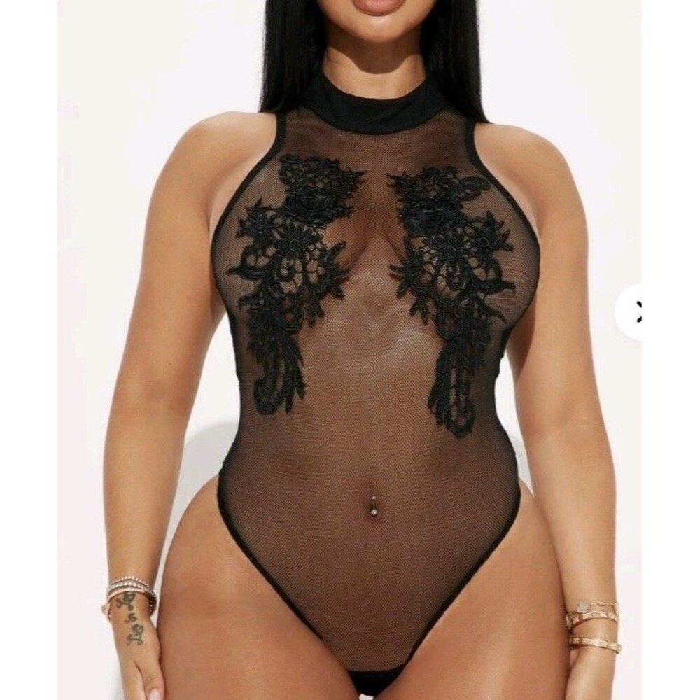 Fashion Nova Highneck Bodysuit Mesh Embroidered Large Black New Divine Timing